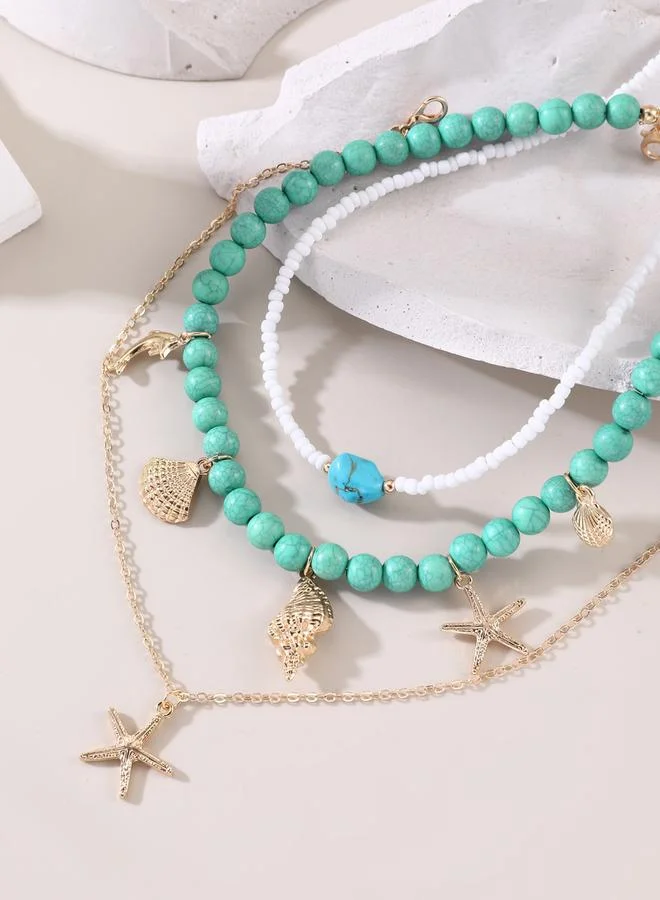 Take Two  Pack of 3 - Teal Beaded Ocean Charm Necklace for Women | Best Price UAE